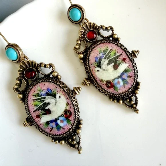 Vintage Style Dove Bird Baroque Earrings Micro Mosaic Style Floral Ornate NEW - Picture 9 of 13